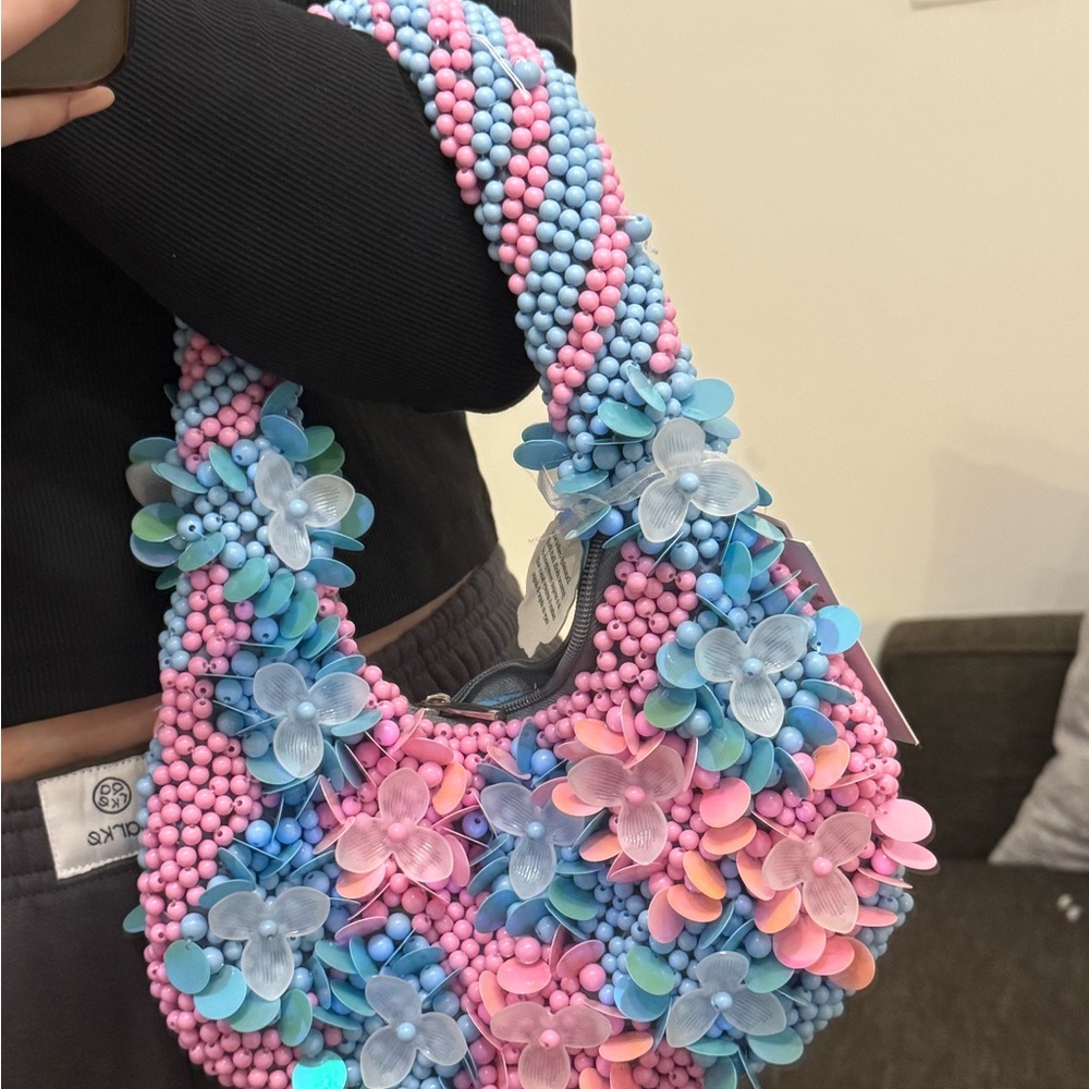 Floral Beaded Women's Handbag - Pink and Blue